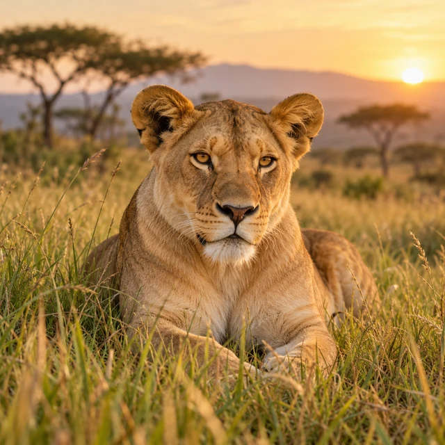 Lioness in a savanna landscape