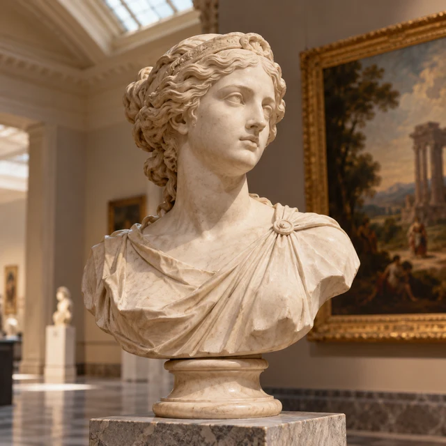 Sculpture and paintings in an art gallery