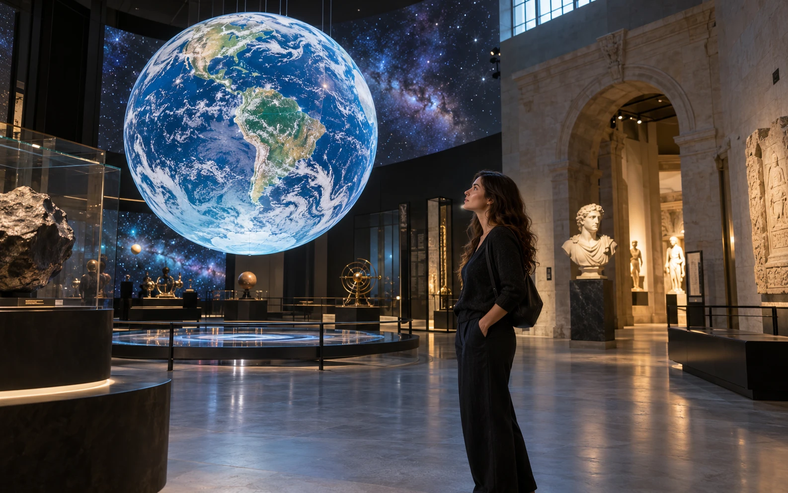 Learner exploring an immersive science and history gallery